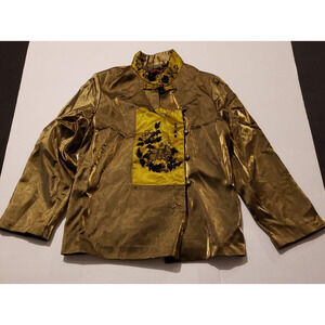 Asian Gold Satin XL Long Sleeve Top With Embroidered Floral Panel